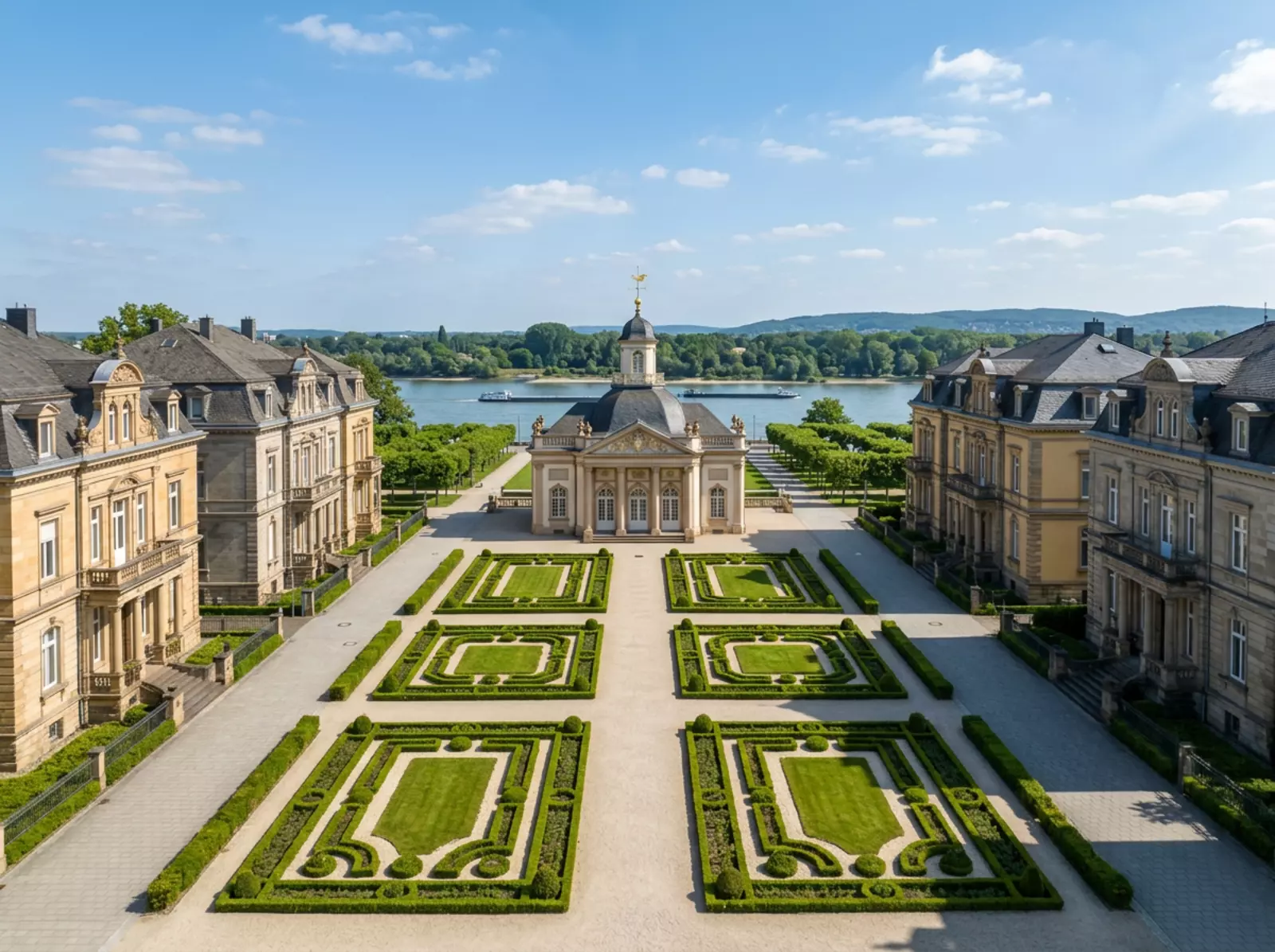 Fotorealistisches Bild der Kurfürstlichen Zeile in Bad Godesberg mit Redoute-Pavillon, Rheinblick.