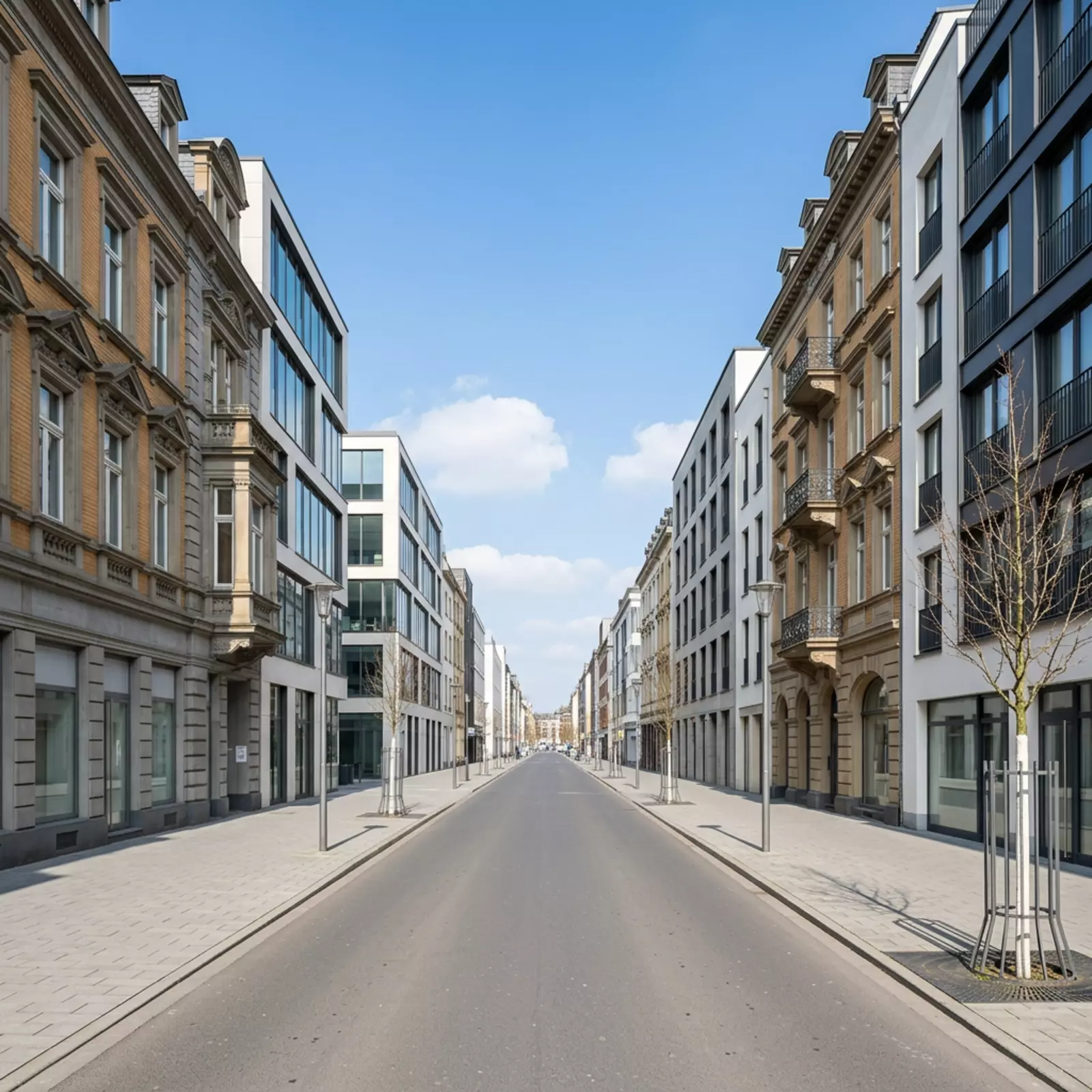 American Quarter Bonn, Kennedyallee: Gerade Achse, Mischfassaden, neutrale Gehwege, keine Menschen.