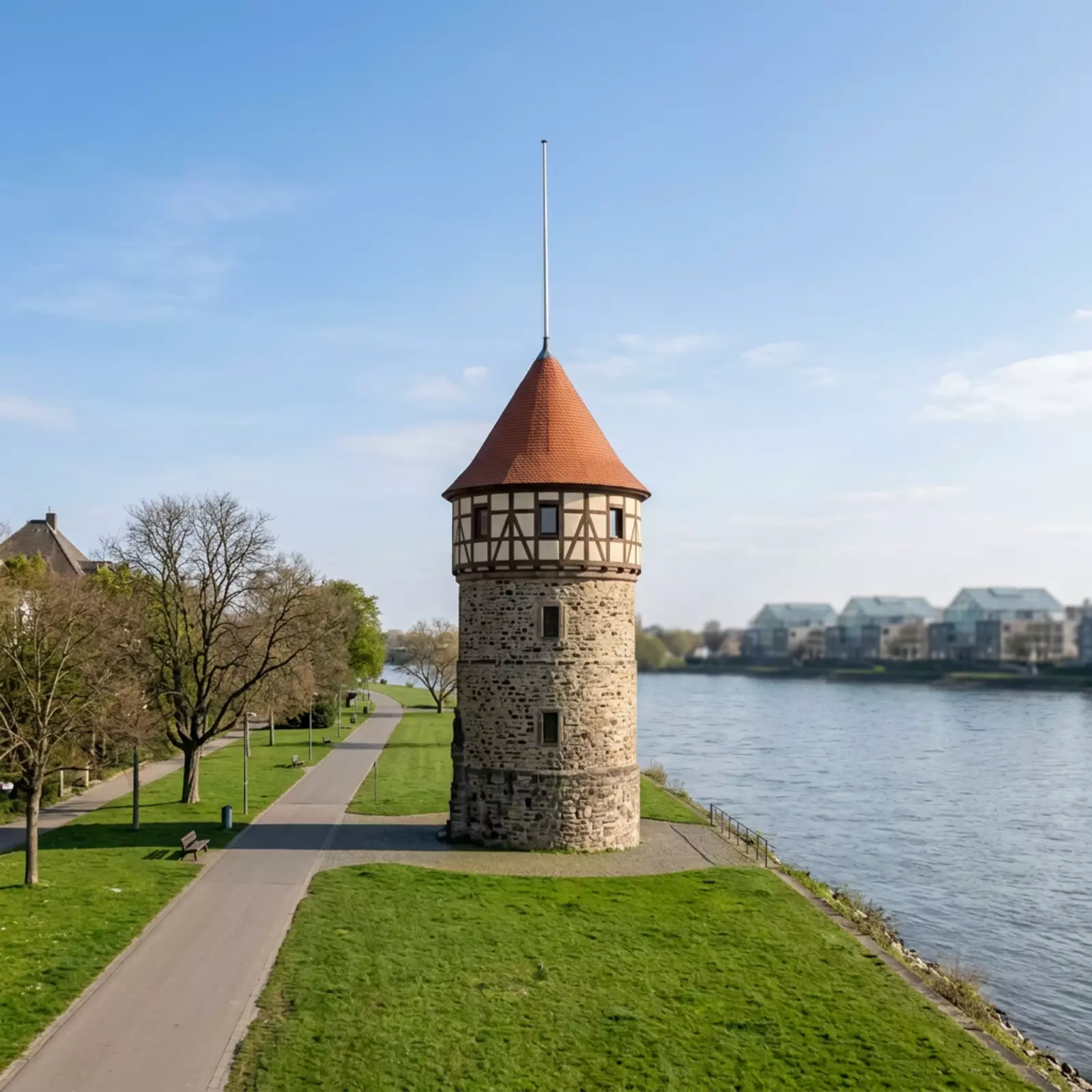 Bastei-Aussicht am Bonn-Rheinweg, ruhige Rheinlandschaft, Uferpromenade im Fokus