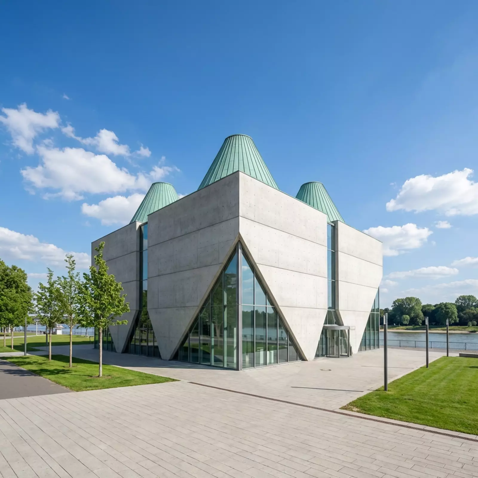 Kunstmuseum Bonn, quadratisches, photorealistisches Bild am Rhein, neutrale Umgebung