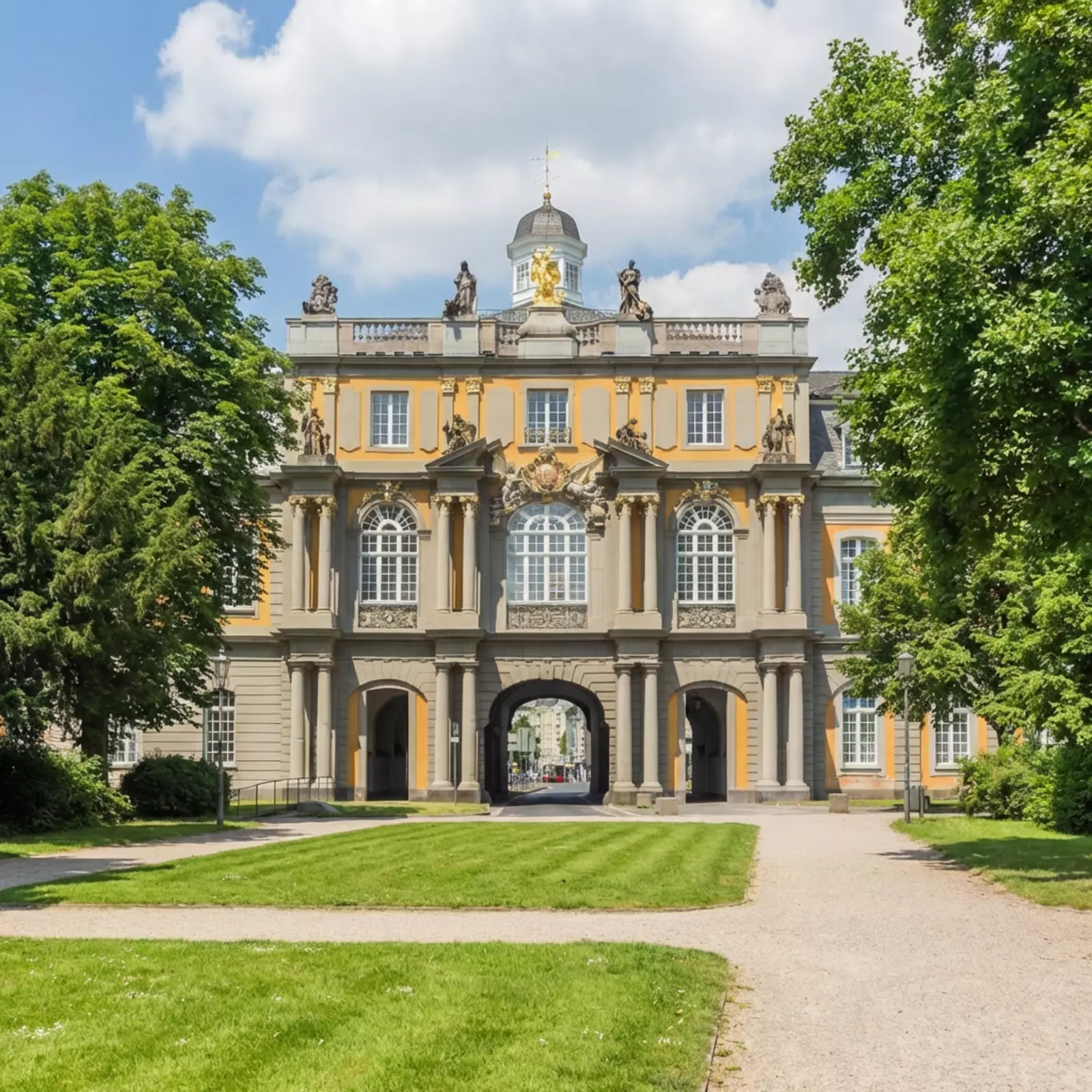 Realistische Aufnahme der Redoute im Hofgarten Bonn mit Kurfürstliche Zeile, Parklandschaft