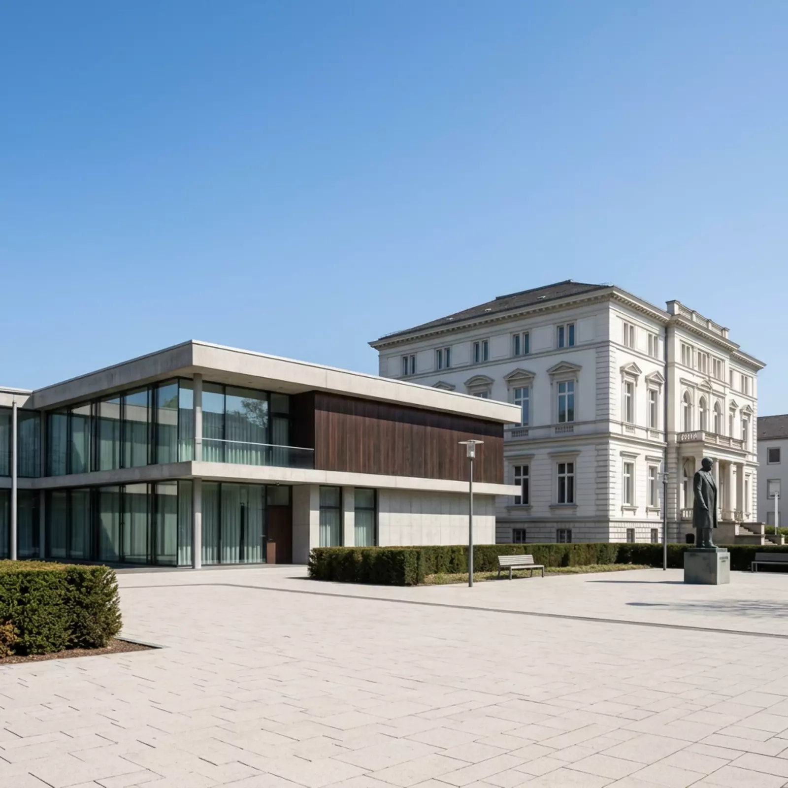 Quadratisches Bonn-Regierungsviertel: Kanzlerbungalow, Villa Hammerschmidt, Konrad-Adenauer-Denkmal.