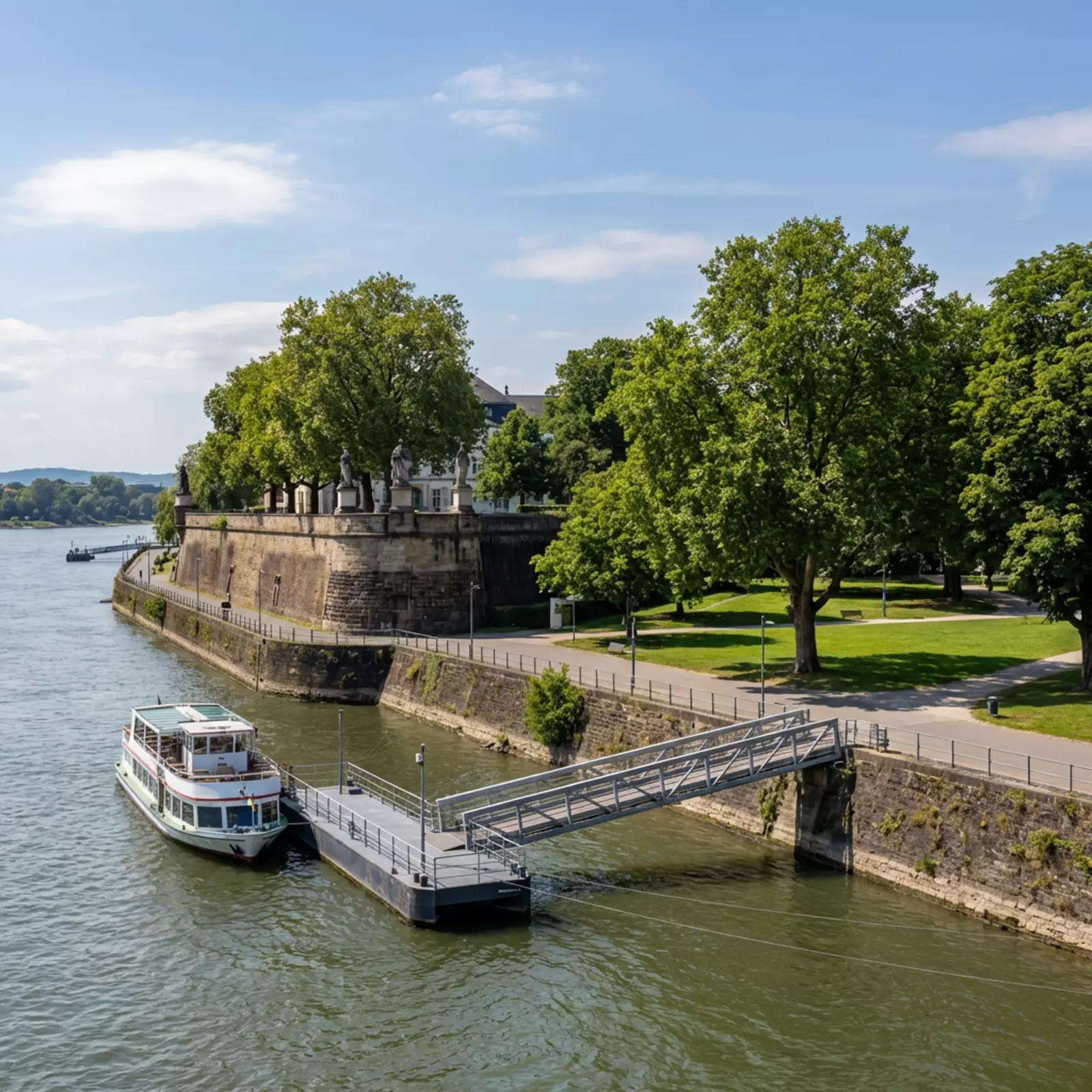 Alter Zoll Bonn: Pier und Flussufer-Promenade nahe Altstadt; grüne Oasen Stadtgarten und Hofgarten