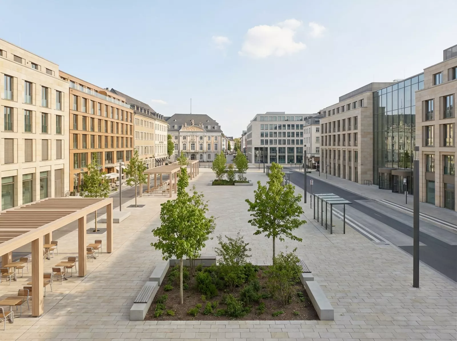 Fotorealistischer Blick auf Bonner Friedensplatz, neutrale Perspektive, Bäume, Café, Glasfassaden