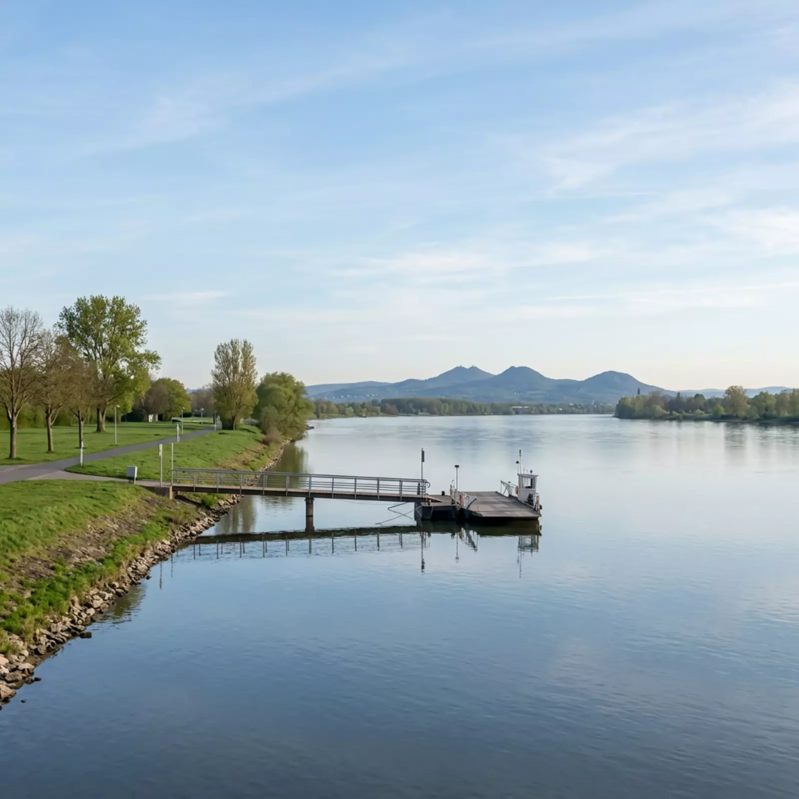 Blick auf Fährsteg Niederdollendorf am Rhein; ruhiges Wasser, Siebengebirge am Horizont.