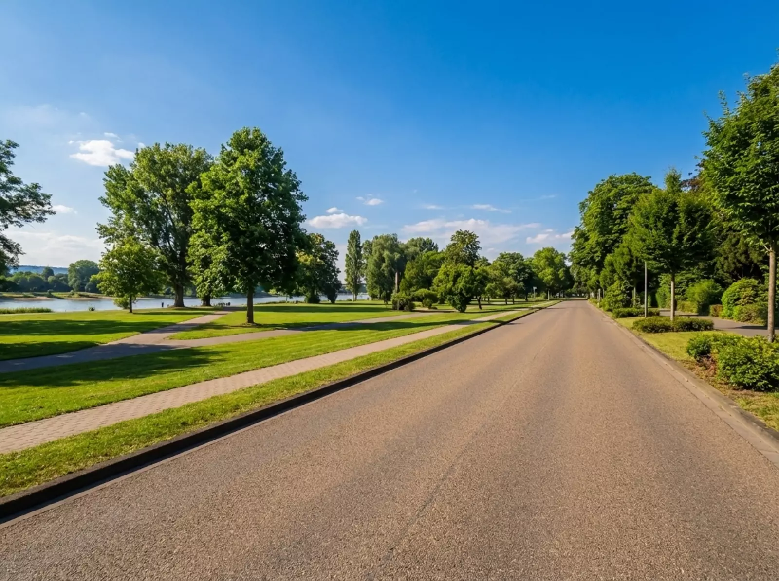 Fotorealistische Kennedyallee in Bonn, Rheinaue Park als einziges Wahrzeichen, neutrale Umgebung.