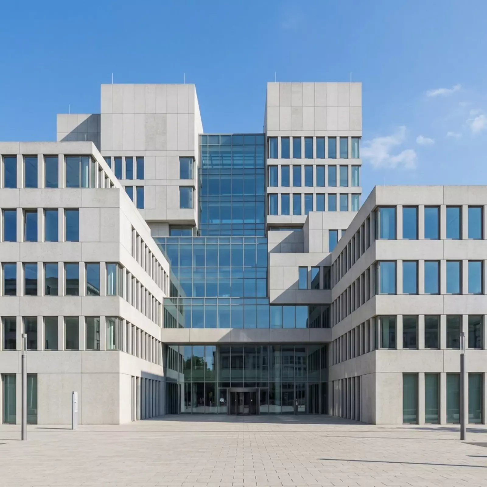 Friedensplatz mit modernem Verwaltungszentrum in hellem Material klare Geometrie neutrale Umgebung