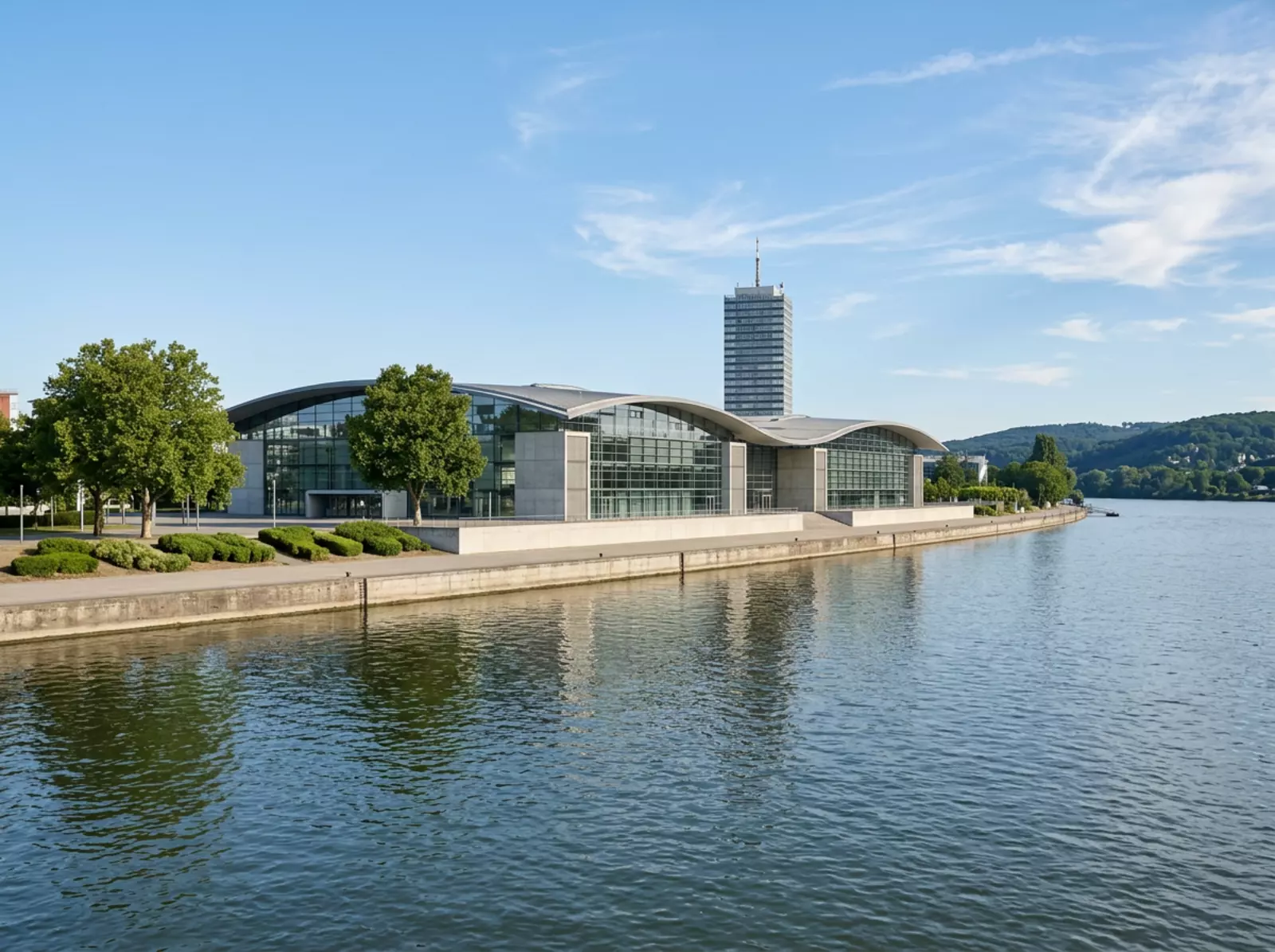 WCCB Bonn am Rhein, modernes Konferenzzentrum, neutrale Umgebung, klare Geometrie.