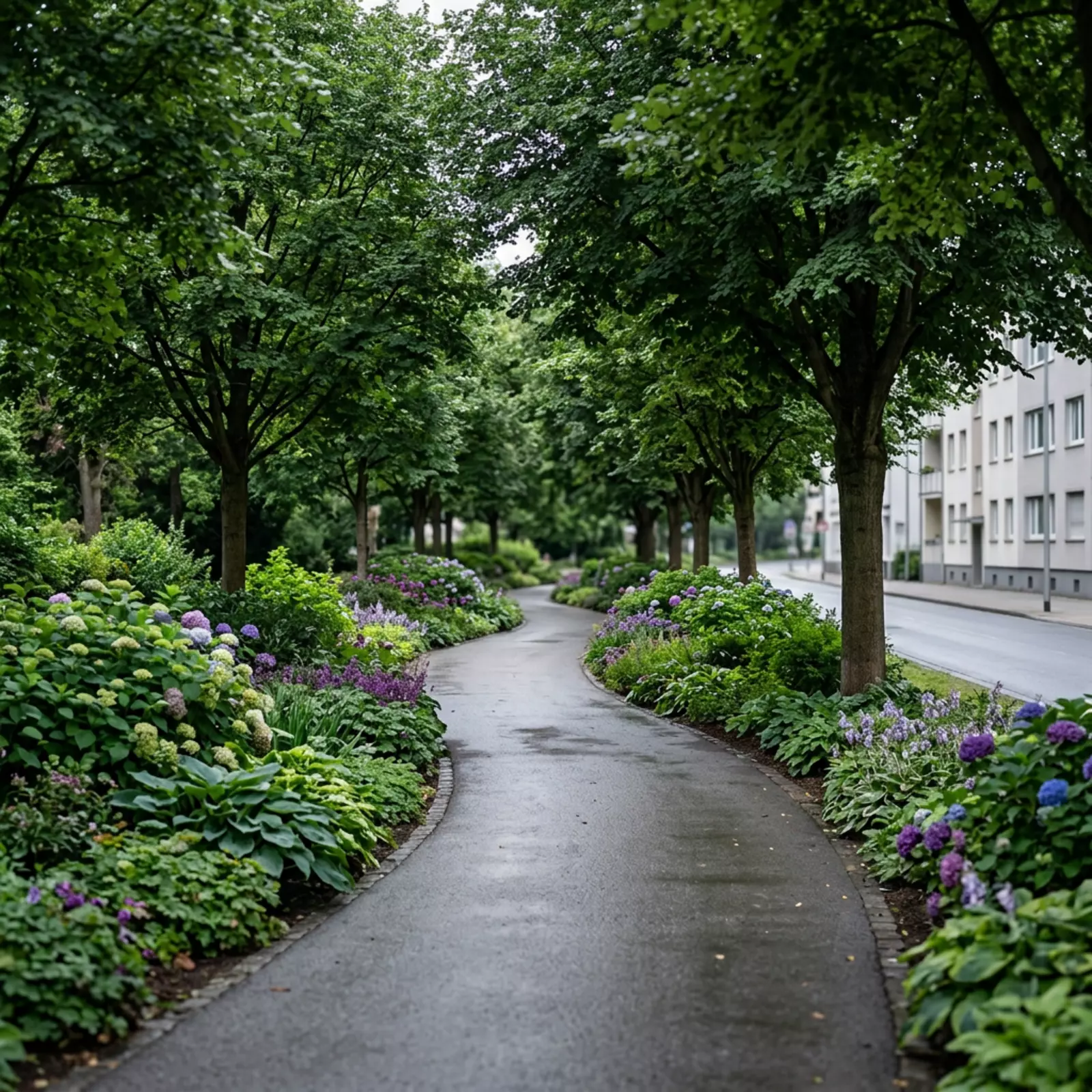 Quadratisches, fotorealistisches Bild des Kurparks Bad Godesberg als ruhige grüne Oase.