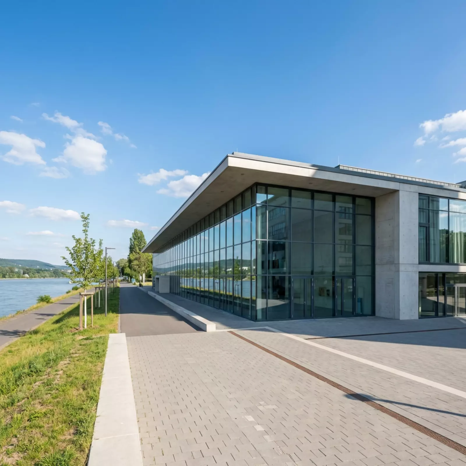Beethovenhalle am Bonner Rheinufer, schlichte Uferpromenade, ohne Menschen.