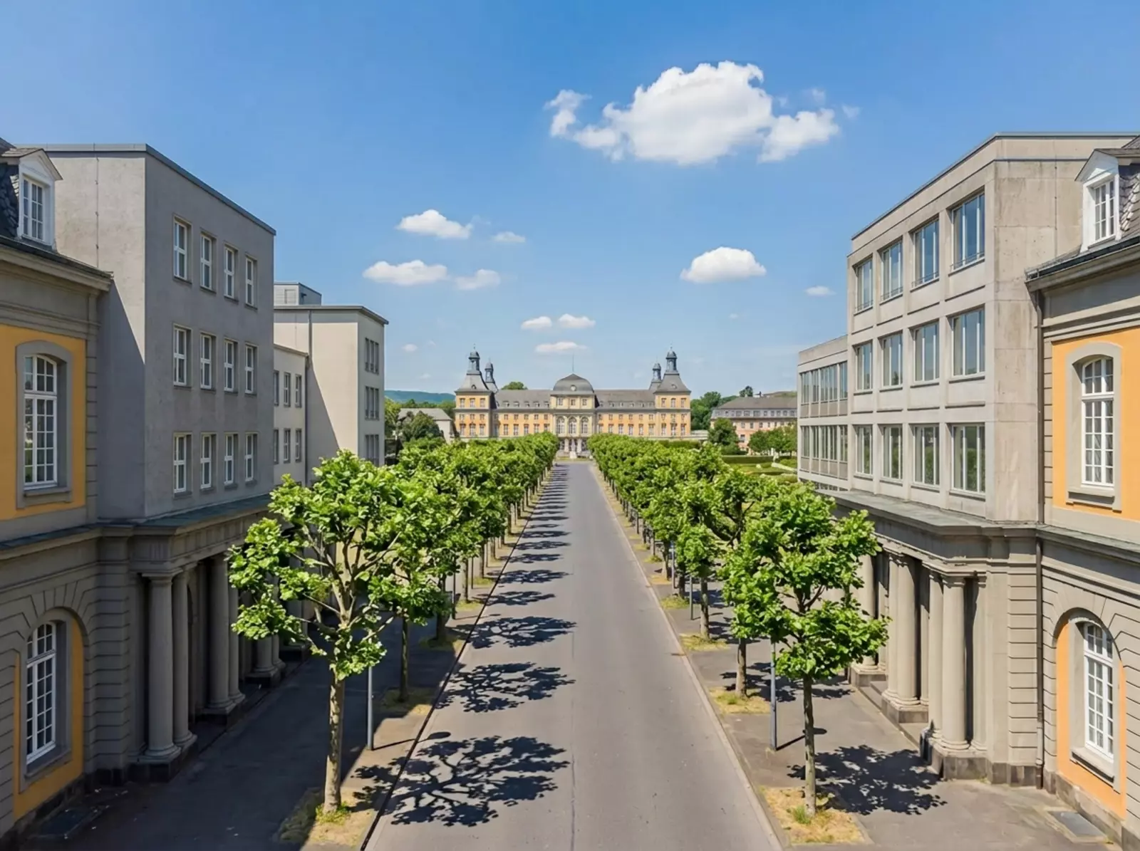 Baumgesäumte Allee im Universitätsviertel Bonn, Schatten auf Bibliotheksfassaden, Schloss am Fluss.