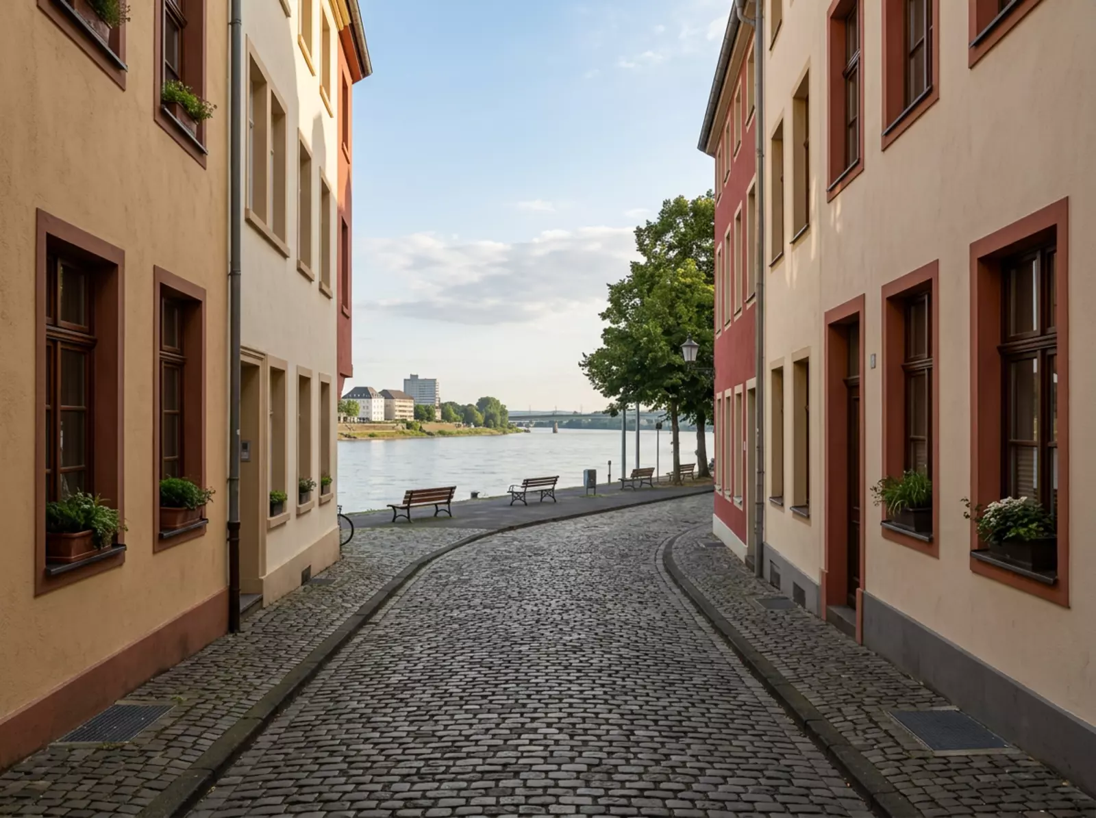 Bonn Altstadt am Rhein: Rheingasse und Brassert Ufer, ruhige Kopfsteinpflaster, restaurierte Fassaden